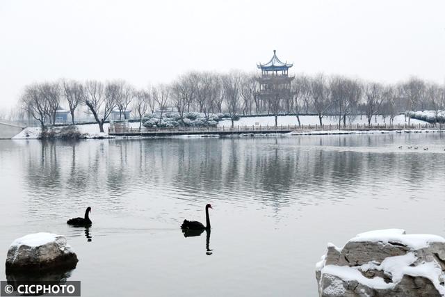 河北省保定市涞水县天鹅湖风景区，雪后天鹅湖美景如画