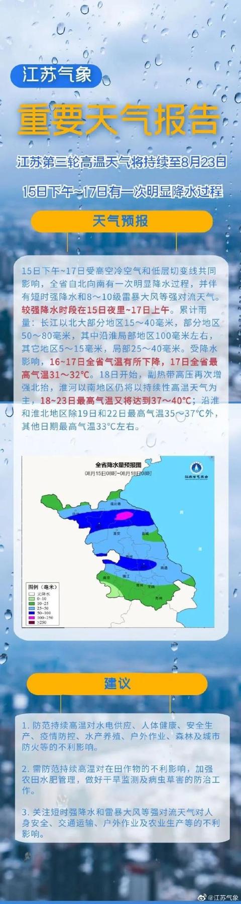 江苏将迎来暴雨天气几天，未来三天仍有中到大雨