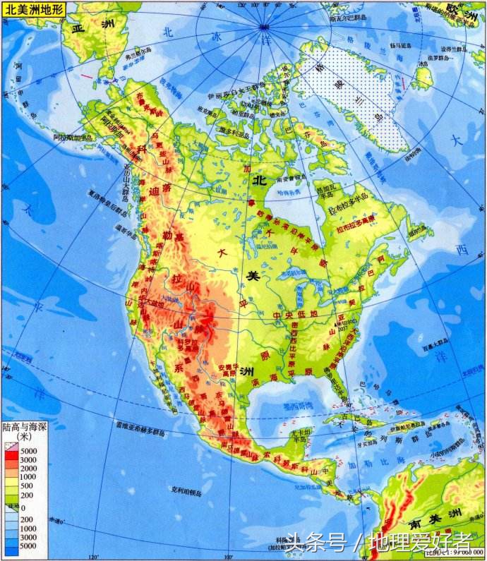 5,北美洲,平均海拔700米,大陆南北走向的山脉分布于东西两侧与海岸