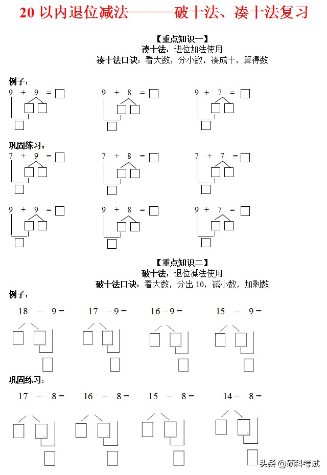 20以内的退位减法 20以内口算题大全集