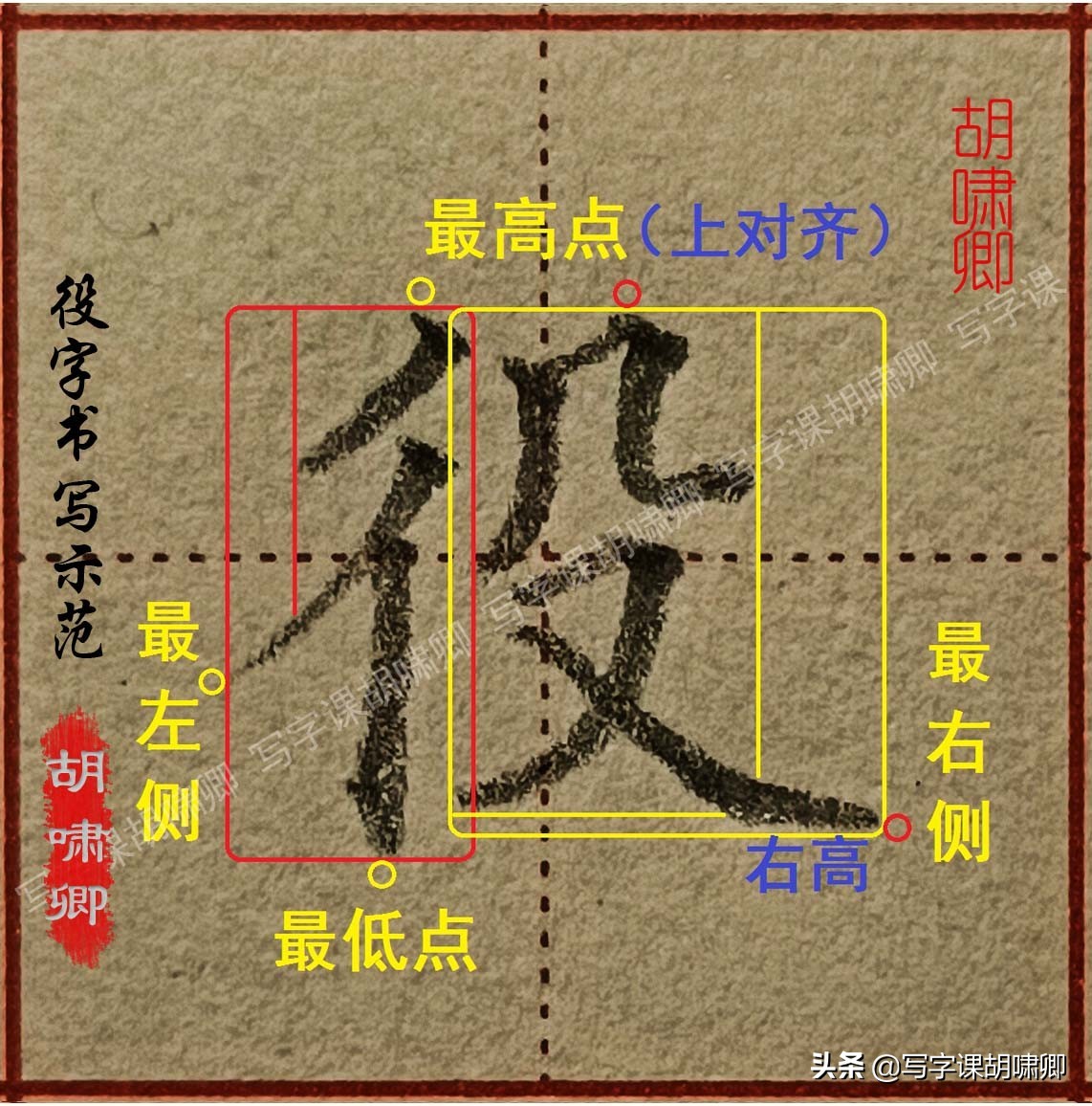 殷毁规律总结:如上图五个例字,左侧顶端为撇笔的部件,整体都偏高一些