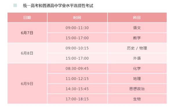 高考时间安排 高考时间安排科目3+1+2