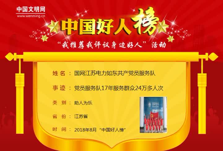 8月“中国好人榜”发布国网江苏电力如东共产党员服务队光荣上榜-南通健桥医药有限公司