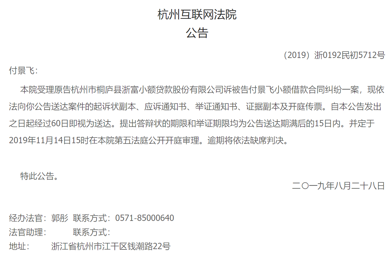 【公告】【（2019）浙0192民初5712号】杭州市桐庐县浙富小额贷款股份有限公司诉付景飞小额借款合同纠纷-浙富小额贷款股份有限公司
