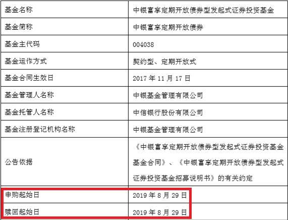 【推荐】中银富享定期开放债券8月29日开放申赎业务-如意宝基金