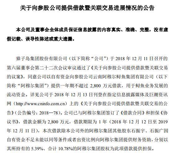 “网红”獐子岛公告：向参股公司借款2800万元用于鲟鱼业务发展-云南阿穆尔鲟鱼养殖有限责任公司