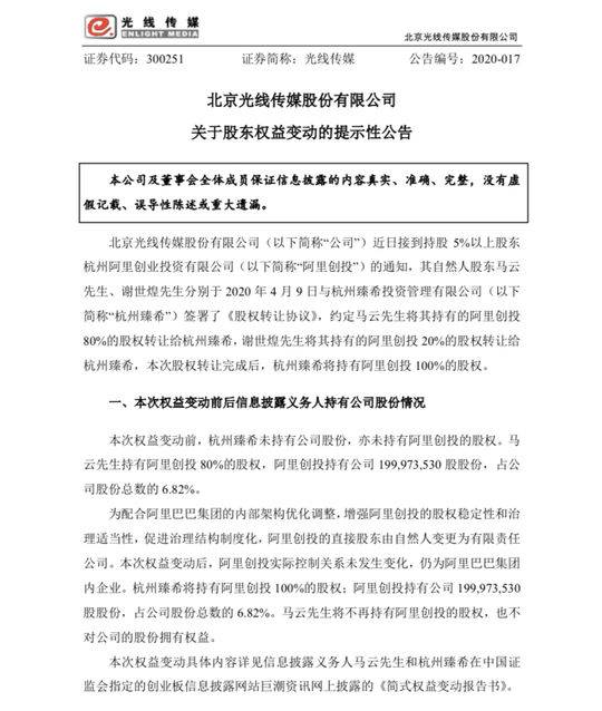 光线传媒：马云、谢世煌所持100%阿里创投股权转让给杭州臻希-马云投资电影公司