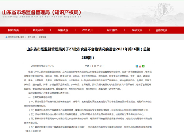 山东通报27批次食品不合格利群股份、家家悦旗下公司等登黑榜-台州市东港兽药有限公司