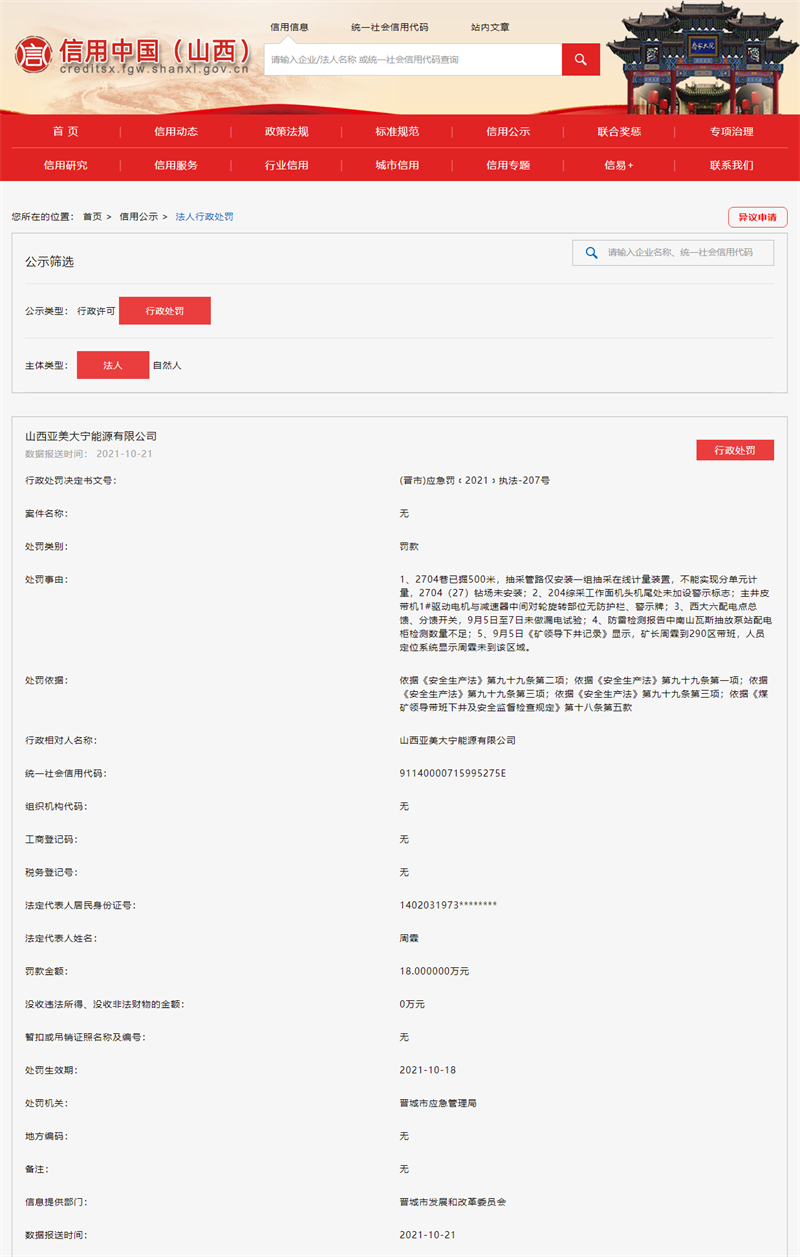 山西亚美大宁能源有限公司违反安全生产法遭罚18万元-山西兰花大宁煤炭有限公司
