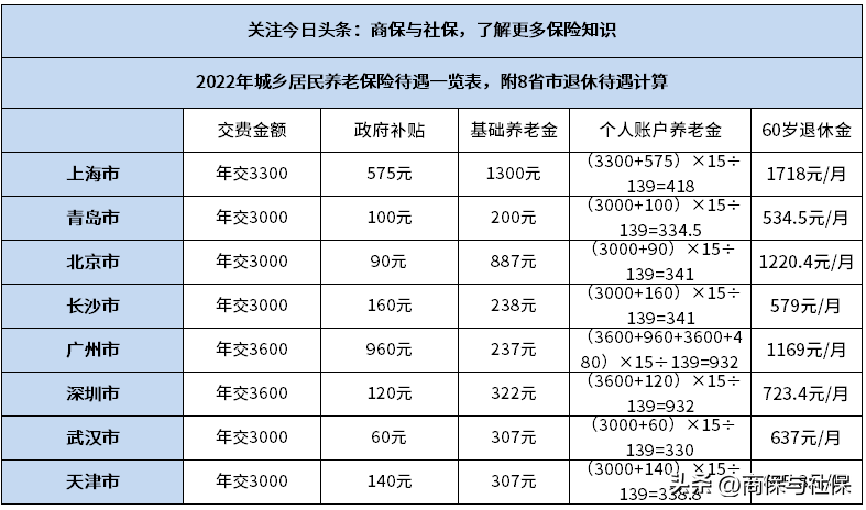 2022年城乡居民养老保险待遇一览表，8个城市养老保险排名-城镇养老保险政府补贴多少
