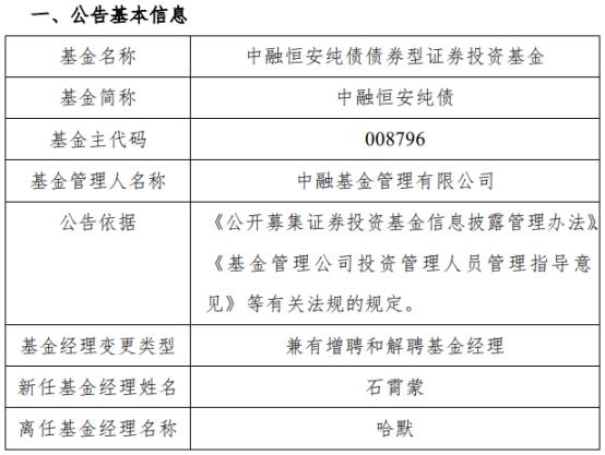 【推荐】中融恒安纯债增聘基金经理石霄蒙哈默离任-恒安基金