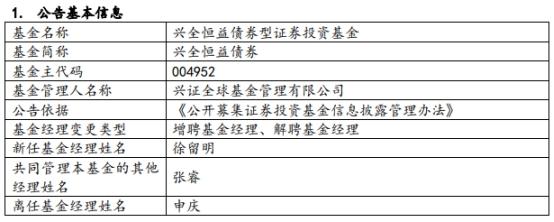 兴全恒益债券增聘基金经理徐留明申庆离任-基金004952