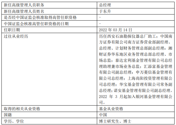 尘埃落地！于东升履新银河基金总经理、代董事长，刘立达卸任-银河基金管理有限公司官网