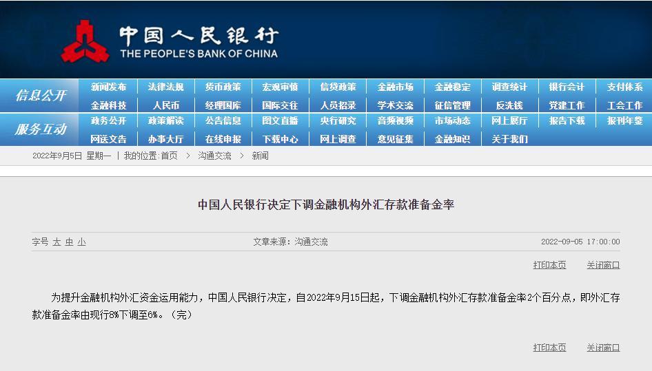 人民银行：外汇存款准备金率9月15日起由现行8%下调至6%-目前银行准备金率是多少