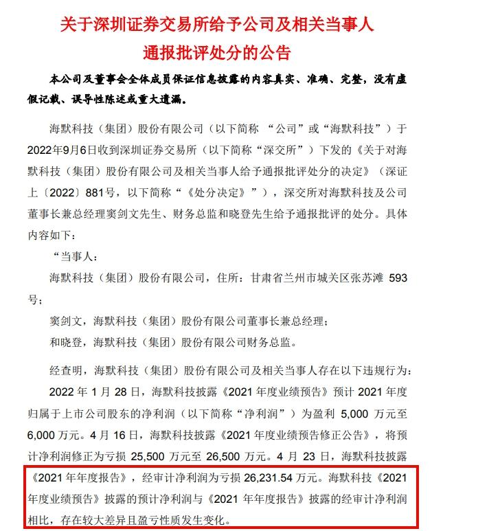 V观财报｜业绩预告不准确，海默科技及董事长等被通报批评-上海清河机械有限公司