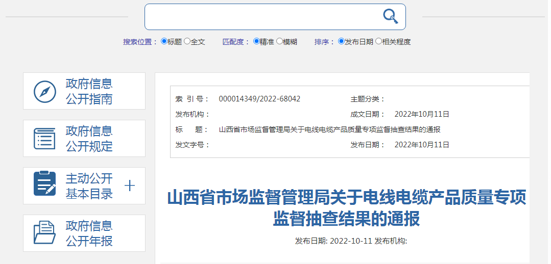 山西省市场监督管理局通报电线电缆产品质量专项监督抽查结果-长沙万利房地产开发股份有限公司