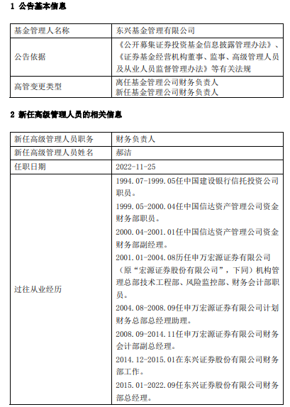 【推荐】东兴基金任命郝洁为财务负责人东兴期货有限公司