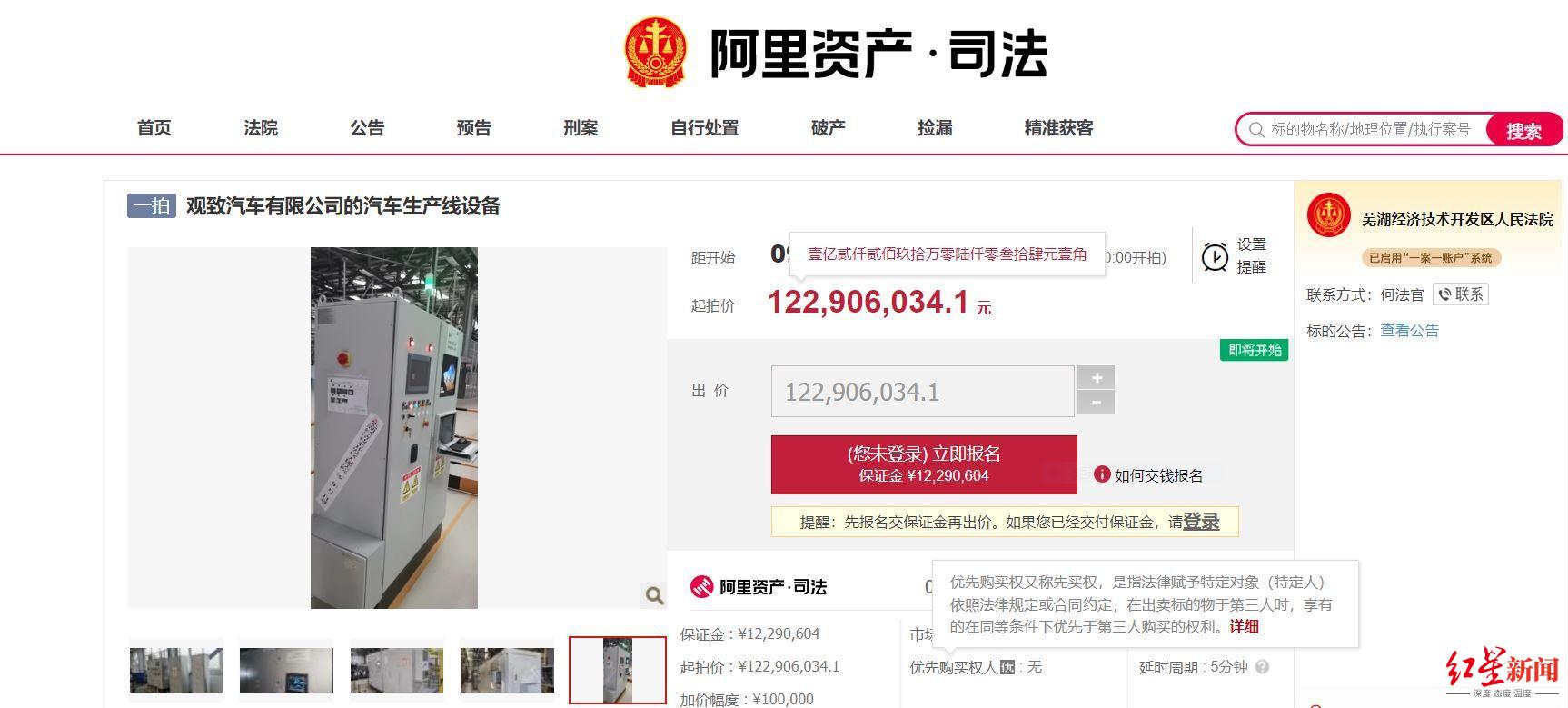 宝能入主的观致汽车生产线设备将被拍卖，公司账户仅剩2651元-奇瑞公司官网拍卖