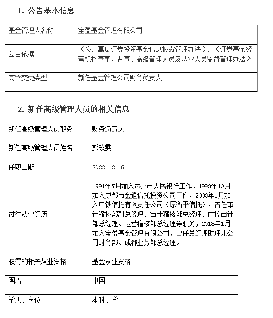 宝盈基金新任彭玖雯为财务负责人曾为中铁信托运营稽核部总经理-基金公司稽核