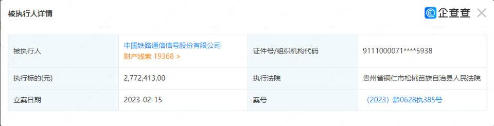 【推荐】中国铁路通信信号股份有限公司未按时履行法律义务被执行277万-铁路信号上市公司