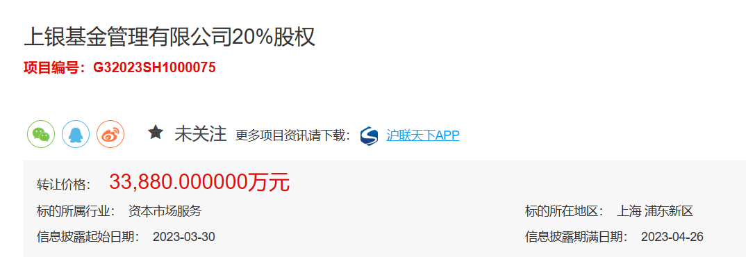 上银基金20%股权挂牌转让，价格3.39亿元，二股东此前多次挂牌转让未成功-基金过户费