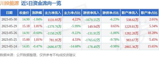 川投能源（600674）5月30日主力资金净买入1131.93万元-川投能源最高价是多少