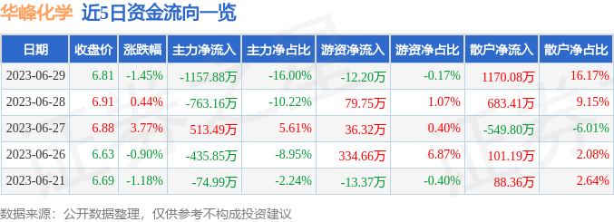 【推荐】华峰化学0020646月29日主力资金净卖出115788万元华峰化学股票资讯