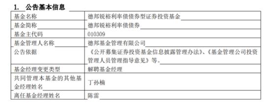 陈雷离任德邦锐裕利率债债券-德邦基金管理有限公司