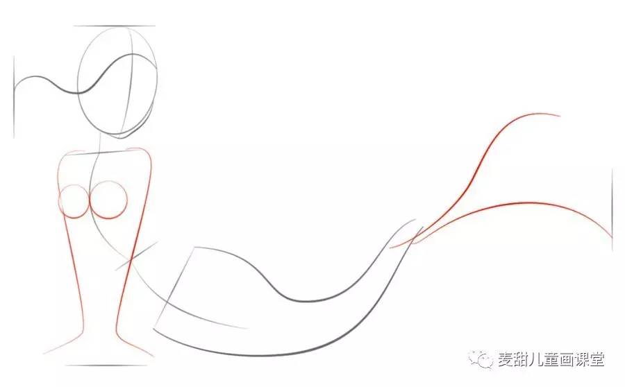 出头发的位置第五步:进一步画出头发及上身第六步:细化尾巴身体第七步