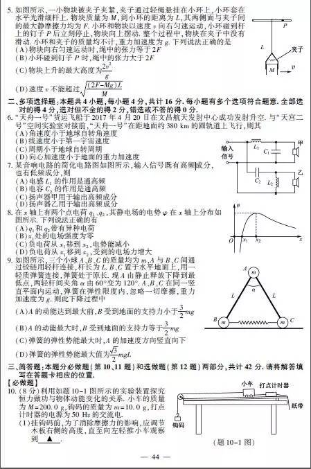 2017年江苏高考物理试题及答案，2017年江苏高考物理试题及答案大全（2017年江苏高考各科试题答案出炉）