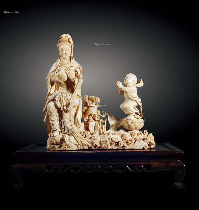民国 象牙雕童子拜观音