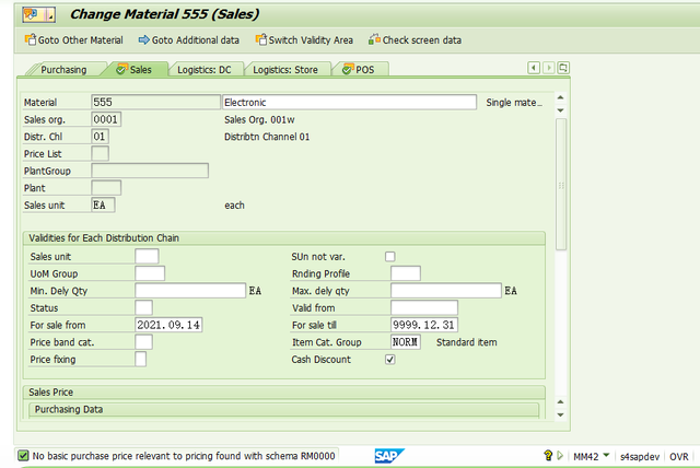 SAP RETAIL MM42進入商品的銷售檢視系統提示: No basic purchase price relevant...