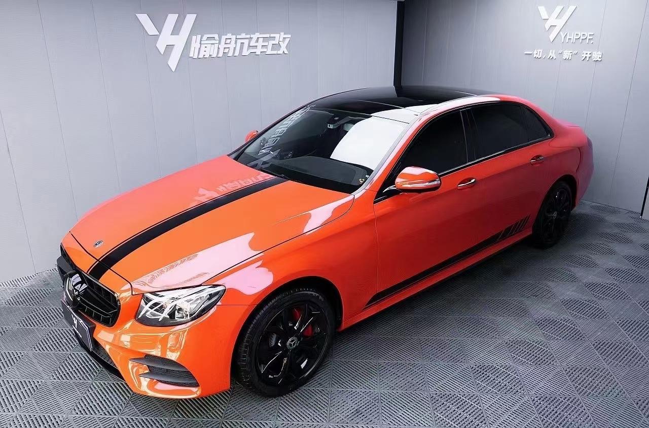 成都改色膜案例 奔驰e300l 改色膜 熔岩橙官方三年电
