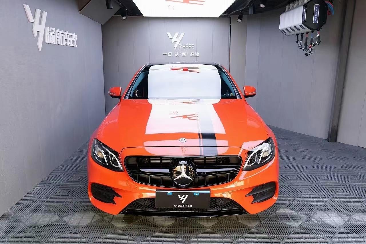 成都改色膜案例 奔驰e300l 改色膜 熔岩橙官方三年电