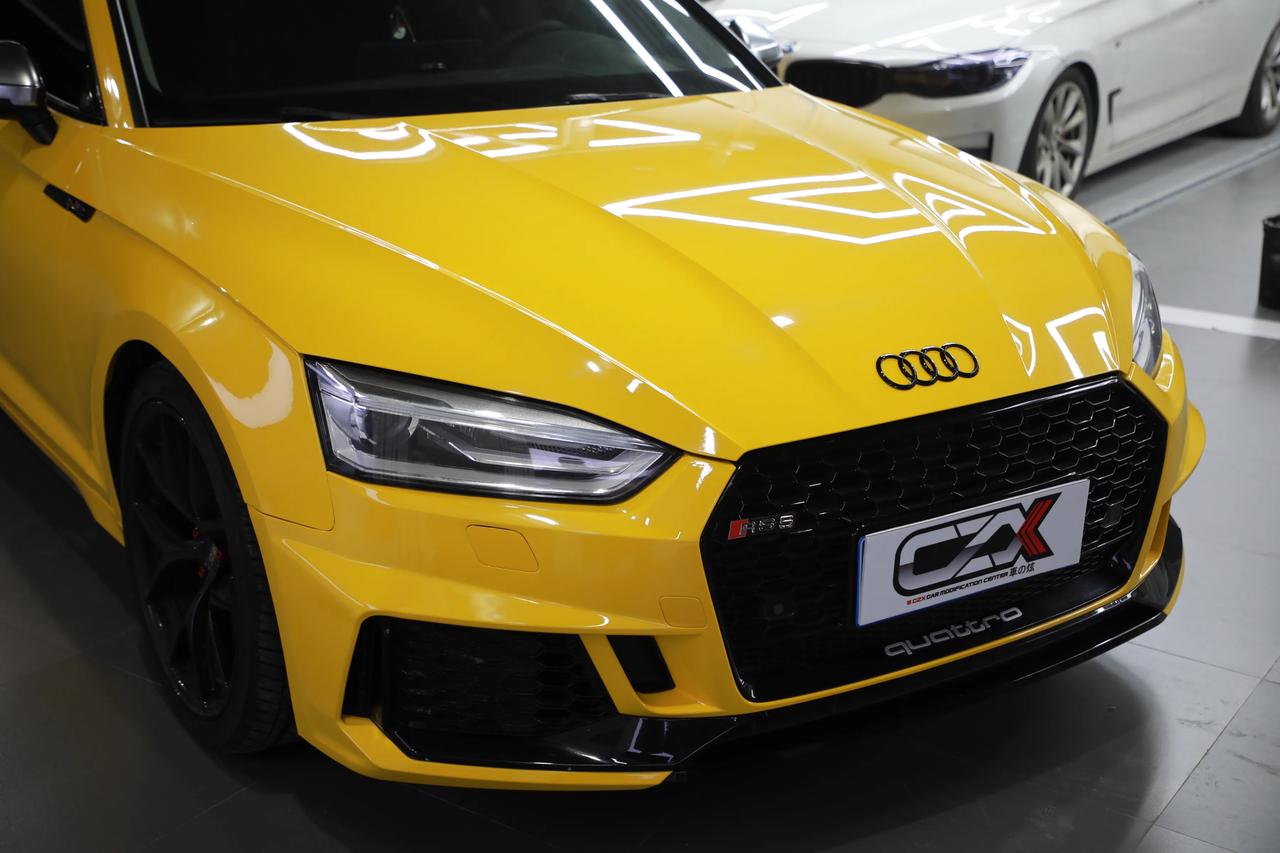 奥迪a5改色贴膜 秃鹰pet葵花黄完工 效果展示 全车保留两