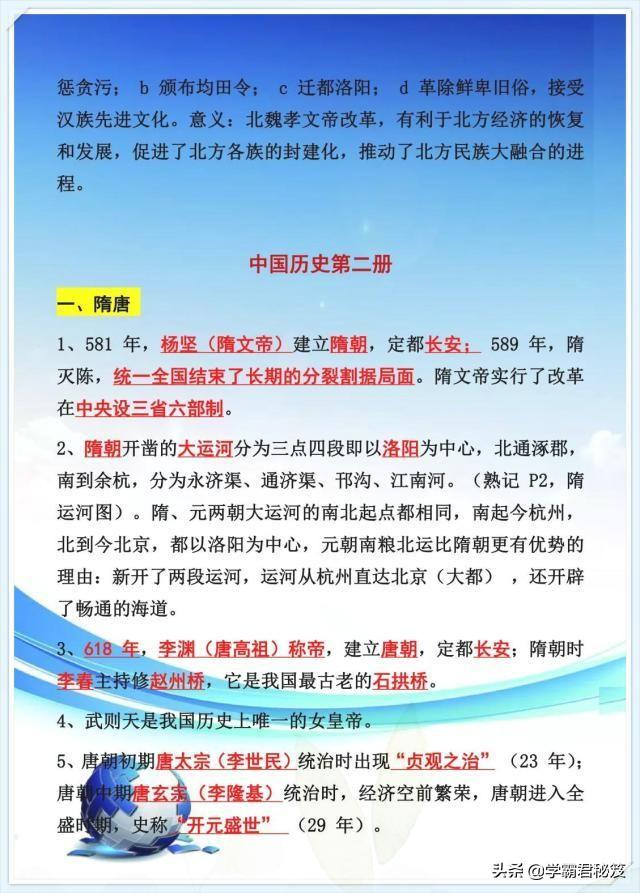 初中历史：1-6册知识归纳（详细版）！只发一次，务必给孩子珍藏