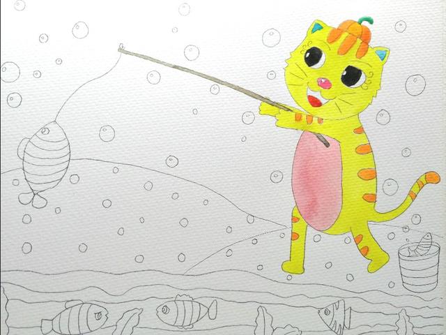 小猫钓鱼最简单的画怎么画（第1课　小猫钓鱼）(4)