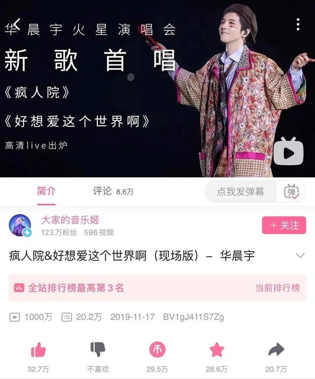刚刚 歌王华晨宇 好想爱这个世界啊 B站视频播放量破千万啦 全网搜