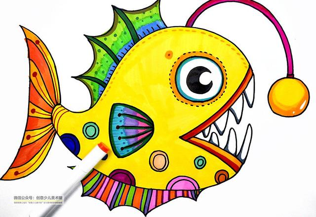儿童画蝙蝠鱼创意画,鱼和手抄报,树林主题儿童画作品欣赏