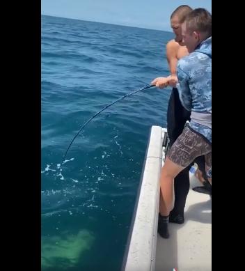 海中巨无霸上钩3男合力猛拽拉不起网一看全歪楼 太阳信息网