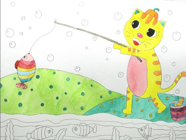 小猫钓鱼最简单的画怎么画（第1课　小猫钓鱼）(6)