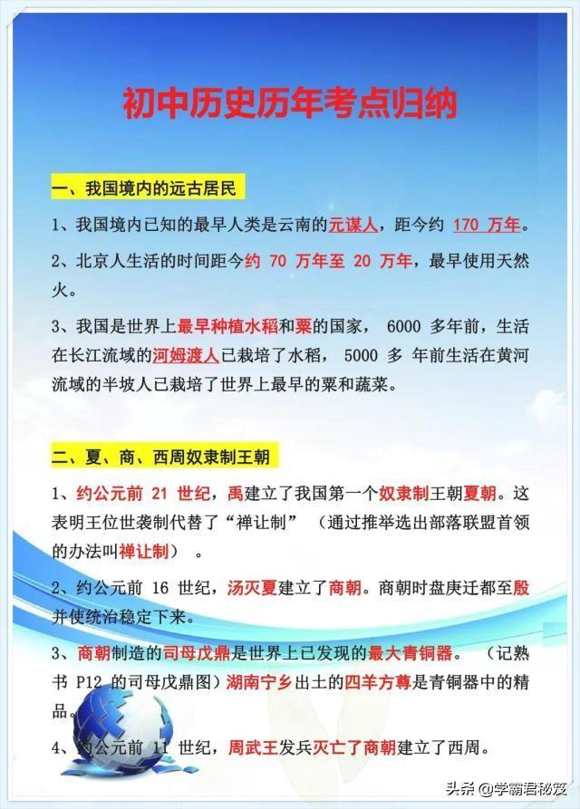 初中历史：1-6册知识归纳（详细版）！只发一次，务必给孩子珍藏