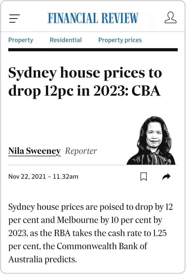 CBA预测悉尼房价到2023年跌12%