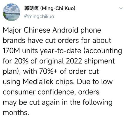 国内各大手机品牌已削减近20%订单