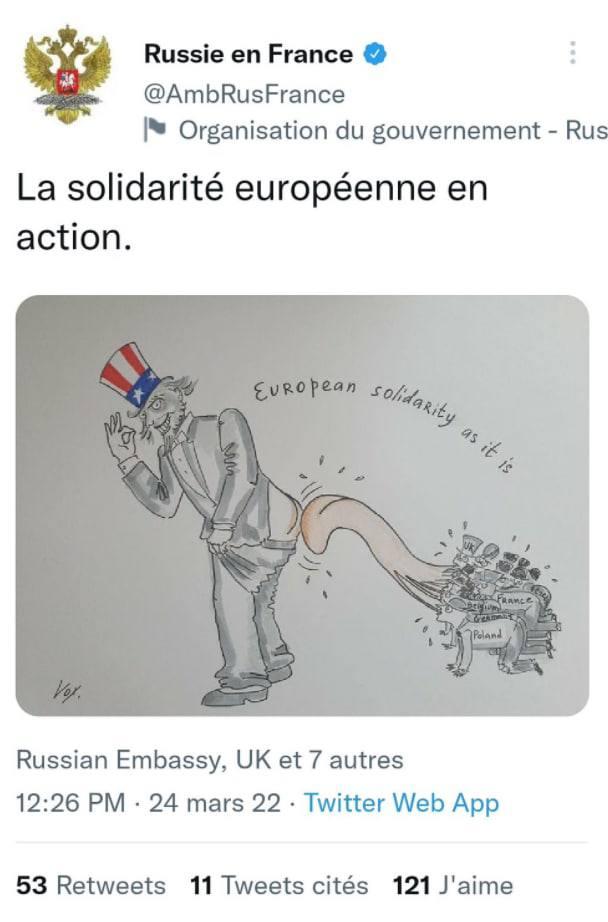 俄乌冲突第32天，俄大使馆发布"欧洲舔美"讽刺漫画，法国很生气