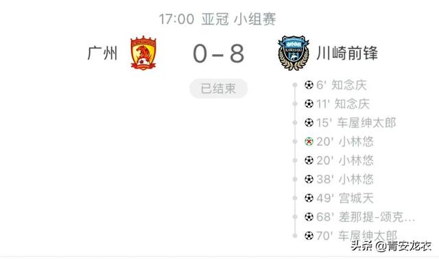 广州队0-8惨败川崎前锋，刷新中超球队亚冠最大失利比分纪录