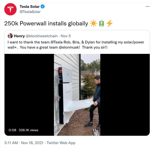 特斯拉宣布Powerwall新里程碑：已安装了25万套