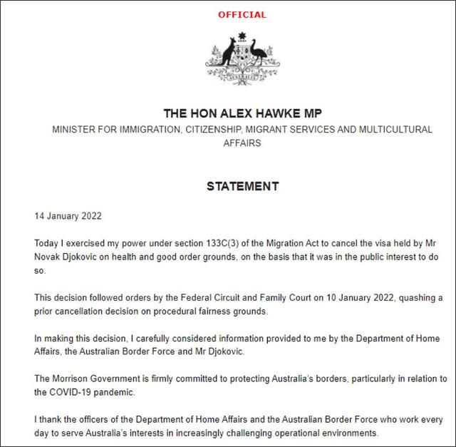 澳大利亚政府第二度取消德约科维奇签证，恐将面临三年内不得入境的惩罚
