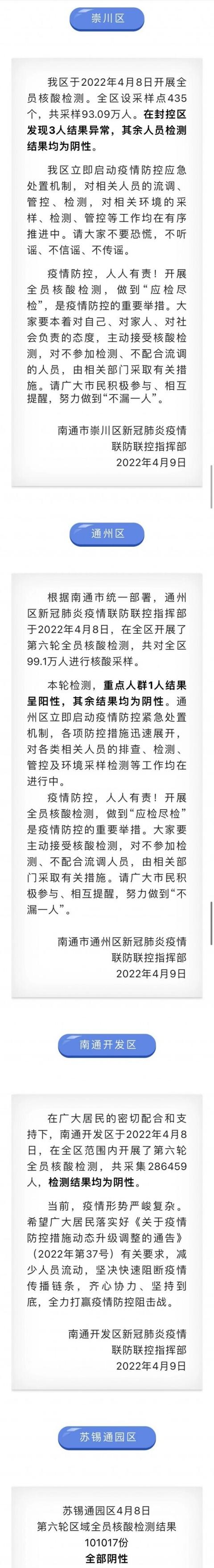 江苏南通4月8日多区域核酸检测发现4人结果异常