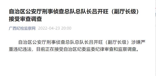 广西壮族自治区公安厅刑事侦查总队总队长吕开旺接受审查调查